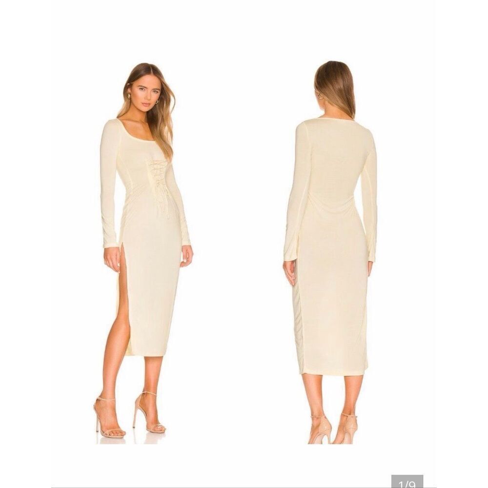 Song of Style | Revolve light yellow lace up stretch midi dress XL